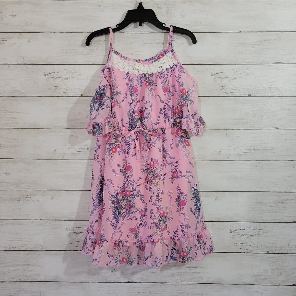 Little Girls Pink Floral Cold Shoulder Dress‎ Ruffle Hem & Sleeve Size 6/6X